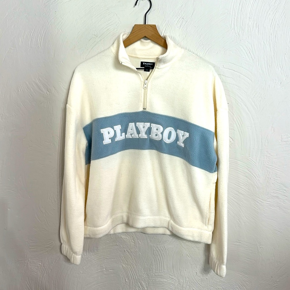 Y2K Playboy Cream Fleece Quart Zip Sweater